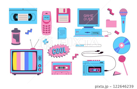 Set of 90s, y2k retro devices vector illustration. Vintage audio player, cassette, old pc, floppy disk, mobile telephone, microphone, tv, candy icons. Nostalgia for 1990s. Set of 90s, y2k retro devices vector illustration. Vintage audio player, cassette, old pc, floppy disk, mobile telephone, microphone, tv, candy icons. Nostalgia for 1990s. 122646239