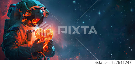 Romantic space background with astronaut holding glowing heart star for valentines day 122646242