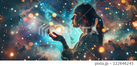 Romantic space background with woman holding glowing heart for valentine's day 122646245
