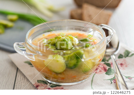 Natural Vegetable Soup with Brussels Sprouts on the Home Table 122646275