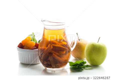 Traditional fruit drink on a wooden table, isolated on white background 122646287