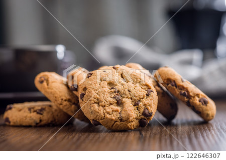 Chocolate chip cookies on wooden table. 122646307