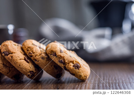 Chocolate chip cookies on wooden table. 122646308