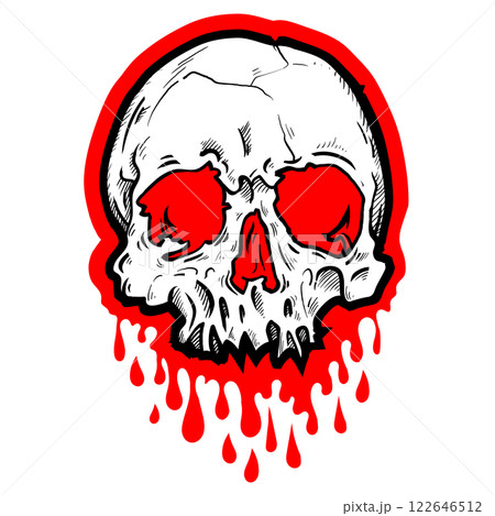 Skull with splash of blood. Bloody skull illustration. Goth style. T-shirt print for Horror or Halloween. Hand drawing illustration isolated on white background. Vector EPS 10 122646512