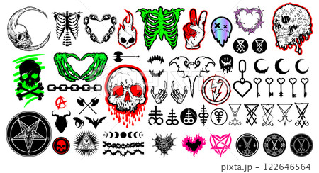 Big set of different Gothic style design for prints. Trendy style illustration. T-shirt print for Horror or Halloween. Big set of different Gothic style design for prints. Trendy style illustration. T-shirt print for Horror or Halloween. 122646564