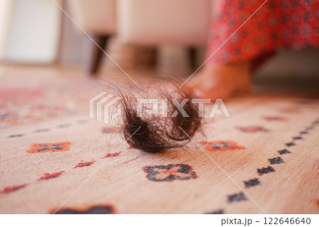 Hair clump on the floor of a cozy living room 122646640
