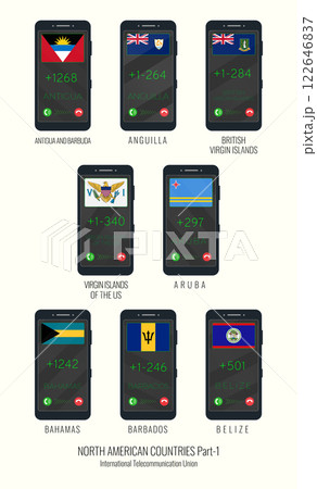 Set of vector illustrations of international country codes and flags of NORTH AMERICAN COUNTRIES . Part 1. Set of vector illustrations of international country codes and flags of NORTH AMERICAN COUNTRIES . Part 1. 122646837