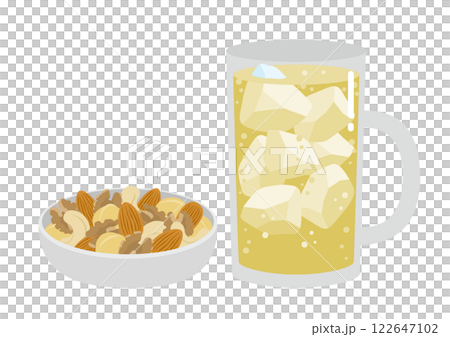 ジョッキに入ったハイボールと器に盛ったナッツのイラストのイメージ 122647102