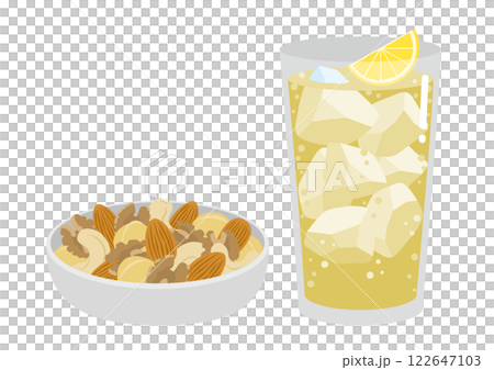 An illustration of a highball in a glass and nuts in a bowl 122647103