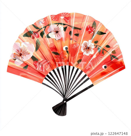 beautiful red paper fan adorned with floral patterns, perfect for decoration or cultural events 122647148