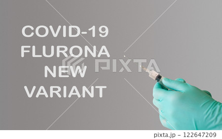 Person holding a syringe with the words Fluorona New Variant 122647209