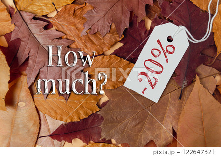 Pile of leaves with a tag that says 20 off Pile of leaves with a tag that says 20 off 122647321