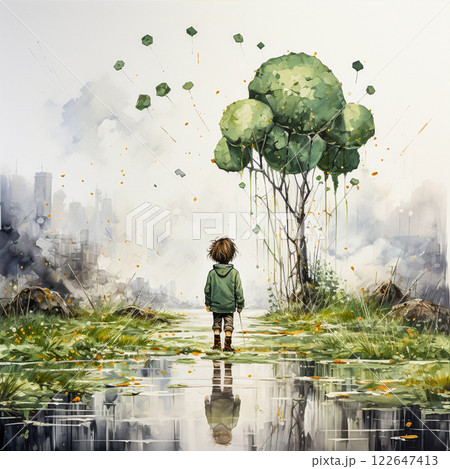 Small child amid huge watercolor flowers 122647413