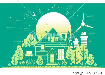Flat style concept of an eco home private house with solar panels, wind turbines 122647461