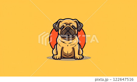 A cartoon pug-dog is sitting on a yellow background A cartoon pug-dog is sitting on a yellow background 122647516
