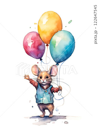 A cartoon mouse is holding three balloons in the air 122647545