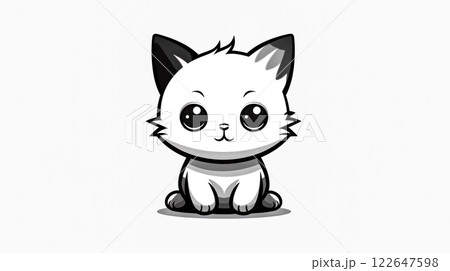 A cute little white kitten is sitting on the ground. 122647598