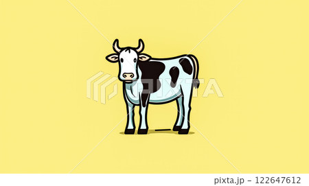 Cartoon cow with white face and black spots stands in front of yellow background. 122647612