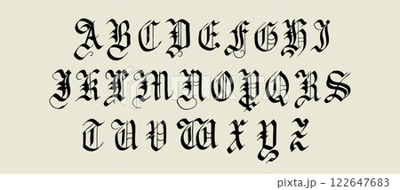 Gothic alphabet. Medieval handwritten typeface in old style made with calligraphy pen. Traditional 122647683