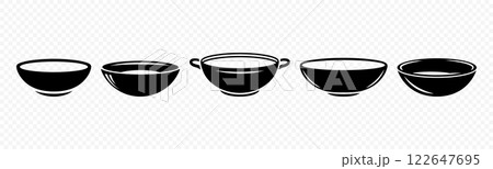 Vector Black Bowl Icons. Minimalist Food Icon Set, Soup Bowl, Cooking Dish, Modern Kitchenware Design. Elegant Tableware, Restaurant Logo, Simple Black Silhouette, Vector Dishware Illustration 122647695