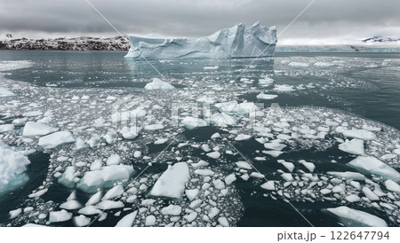 Panoramic image of polar caps in antarctica, polar caps near water in antarctica Panoramic image of polar caps in antarctica, polar caps near water in antarctica 122647794