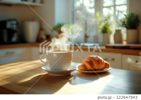 breakfast cup of coffee croissant morning neutral background. breakfast cup of coffee croissant morning neutral background. 122647843