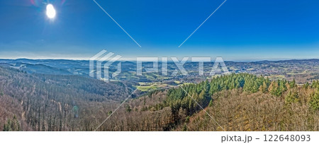 Panoramic view from Tromm observation tower in Odenwald towards the Rhine valley 122648093