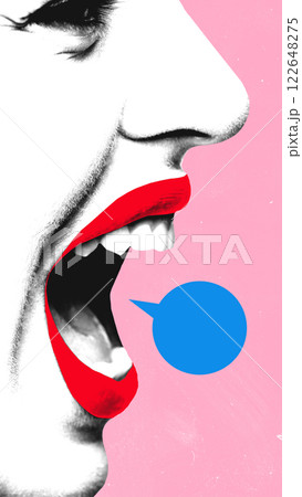 Contemporary art collage. Close-up of vibrant red lips speaking into bold blue speech bubble, emphasizing power of conversation. 122648275