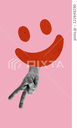 Conceptual art design. Peace sign hand with smiling face symbolizing positive online interactions, digital harmony, and social engagement. 122648290