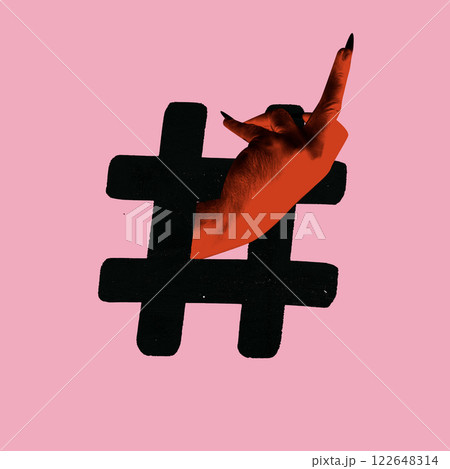 Contemporary artwork. Hand making gesture behind hashtag symbolizing social media trends, viral content, and online communities. Contemporary artwork. Hand making gesture behind hashtag symbolizing social media trends, viral content, and online communities. 122648314