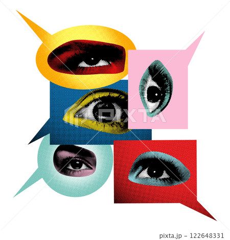 Abstract art collage. Multiple eyes in speech bubbles depict observation, curiosity, and exchange of perspectives, capturing essence of visual communication and perception. Abstract art collage. Multiple eyes in speech bubbles depict observation, curiosity, and exchange of perspectives, capturing essence of visual communication and perception. 122648331