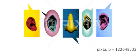 Abstract art collage. Each sensory organ contributes to vibrant dialogue, emphasizing importance of perception, speech, and listening in understanding and expressing ideas. Abstract art collage. Each sensory organ contributes to vibrant dialogue, emphasizing importance of perception, speech, and listening in understanding and expressing ideas. 122648332
