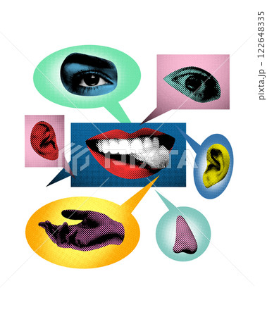 Abstract art collage. Dialogue. Various sensory elements engage in expressive conversation, representing interplay of perception, speech, and listening in flow of communication. Abstract art collage. Dialogue. Various sensory elements engage in expressive conversation, representing interplay of perception, speech, and listening in flow of communication. 122648335