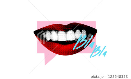 Abstract art collage. Loud Opinion. Close-up of lips inside pink speech bubble with Bla Bla written, visualizing constant speaking and debate. Abstract art collage. Loud Opinion. Close-up of lips inside pink speech bubble with Bla Bla written, visualizing constant speaking and debate. 122648338
