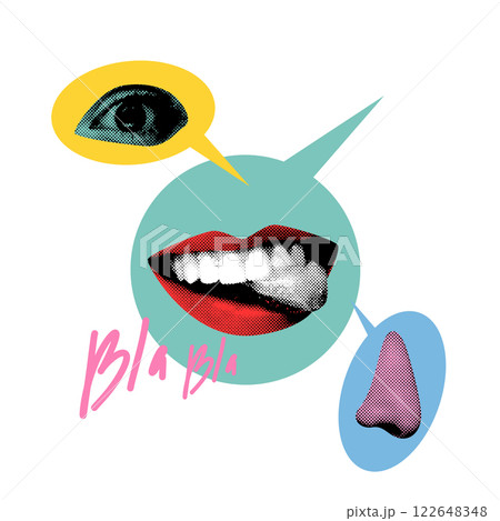 Abstract art collage. Blabla Sphere. Lips, nose, and eye in speech bubbles, emphasizing dialogue and sensory connection in exchanging thoughts. 122648348