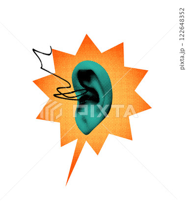 Abstract art collage. Whisper. Sound waves enter ear within explosion bubble, representing how words spread and create impact in communication. Abstract art collage. Whisper. Sound waves enter ear within explosion bubble, representing how words spread and create impact in communication. 122648352