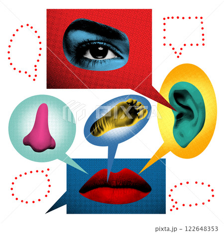 Abstract art collage. Perception. Different senses communicate through speech bubbles, symbolizing diverse ways of interaction and exchange of information. Abstract art collage. Perception. Different senses communicate through speech bubbles, symbolizing diverse ways of interaction and exchange of information. 122648353