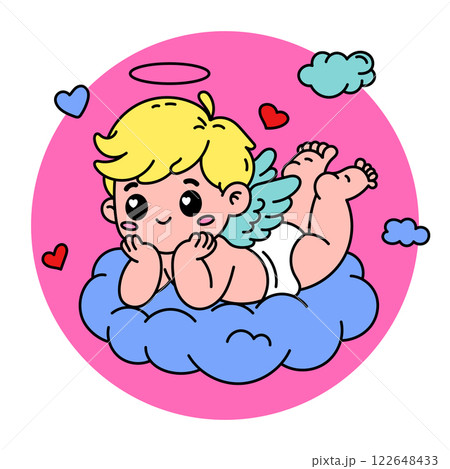 Vector illustration of adorable dreamy Cupid resting on a cloud. Perfect for Valentine's Day and love themes designs Vector illustration of adorable dreamy Cupid resting on a cloud. Perfect for Valentine's Day and love themes designs 122648433