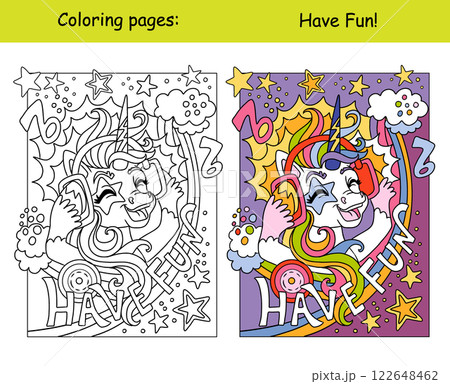 Cute musical unicorn wearing headphones coloring and color template 122648462