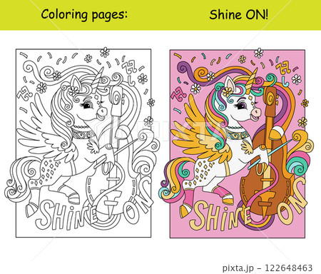Cute unicorn playing violin kids coloring with color template 122648463