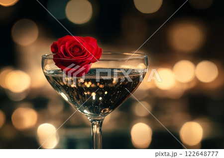 Elegant cocktail with rose floating in champagne glass at night Elegant cocktail with rose floating in champagne glass at night 122648777