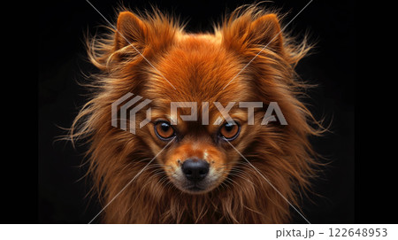 Charming brown spitz dog with expressive eyes poses against a dark background showcasing its fluffy fur 122648953