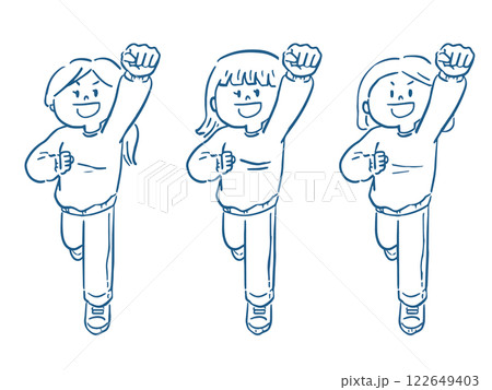 拳を突き上げる女性の線画イラストセット 全身 拳を突き上げる女性の線画イラストセット 全身 122649403
