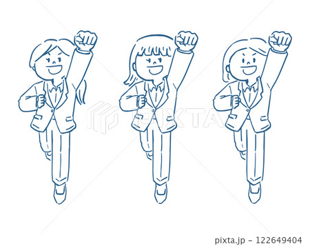 拳を突き上げるスーツの女性の線画イラストセット　全身 122649404