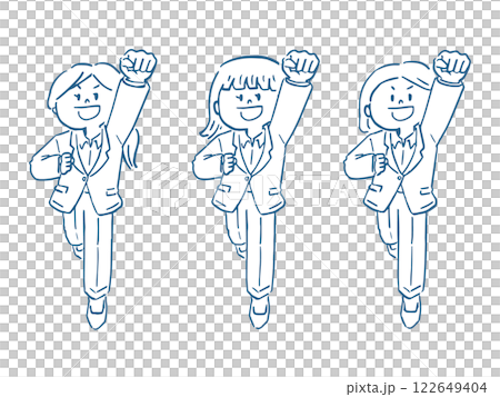 拳を突き上げるスーツの女性の線画イラストセット　全身 122649404