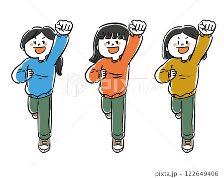 拳を突き上げる女性のイラストセット　全身 122649406