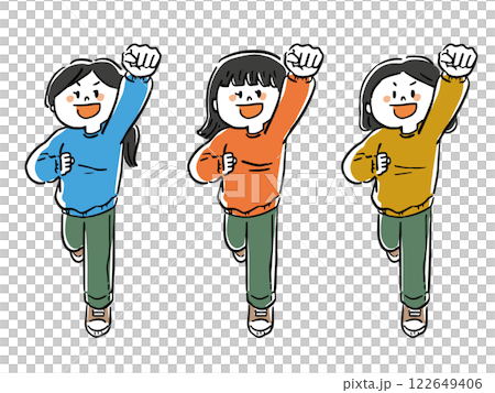 拳を突き上げる女性のイラストセット　全身 122649406
