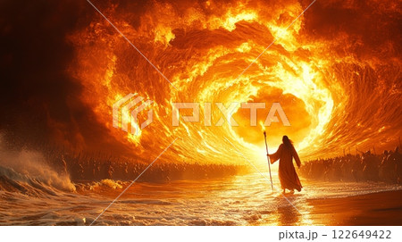 Moses stands his staff raised high as Red Sea dramatically parts. Massive walls of water illuminate dry path for thousands of Israelites fleeing from Pharaoh's army. 122649422