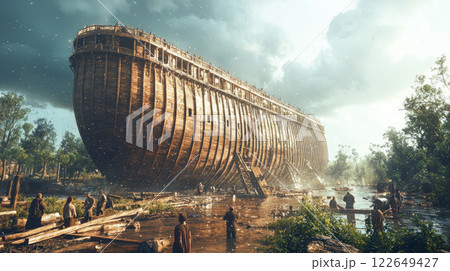 Noah and his sons diligently construct massive wooden ark while onlookers express doubt. sky is clear but dark clouds hint impending storm adding tension scene. 122649427