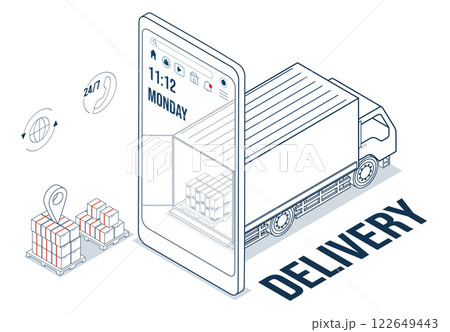 Logistics and Delivery services concept with Truck transport product boxes from suppliers to buyers, streamlined by instant smartphone ordering for quick and efficient delivery. 122649443